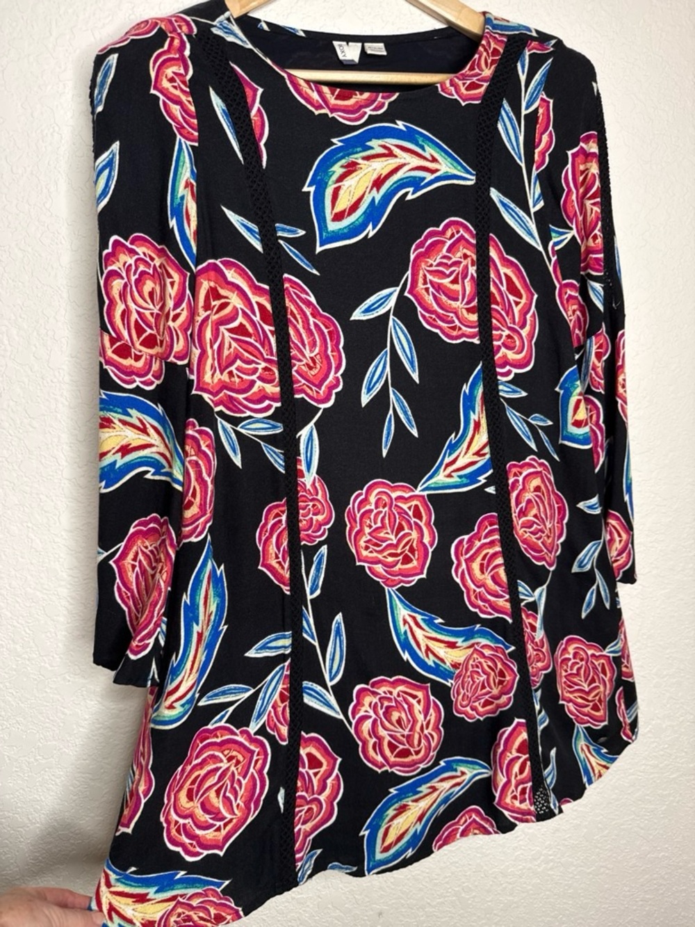 Roxy Black Rose Floral Bell Long Sleeve Dress XS Romantic Boho Gypsy